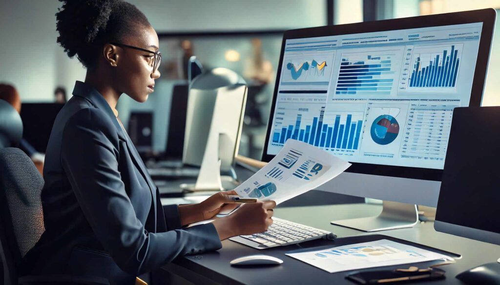Corporate Background Checks: Analyst reading documents on a screen